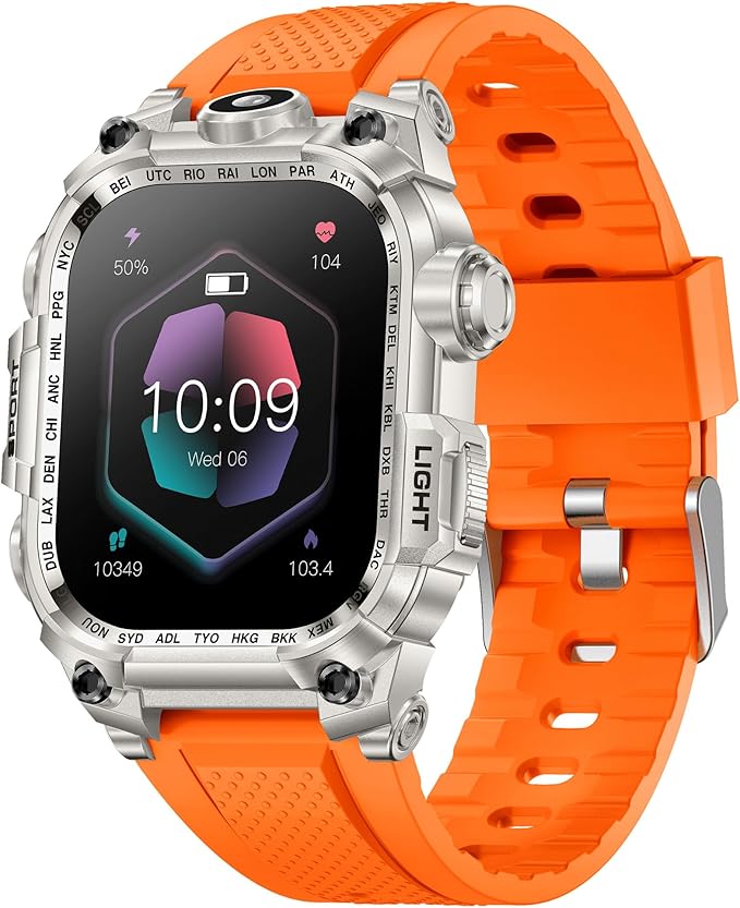 Tough Smart Watch for Working Men with Flashlight, 2.01" HD Ultra Large Rugged Smartwatch Bluetooth Call/Heart Rate/Sleep Monitor Hiking Camping Fitness Track Watches