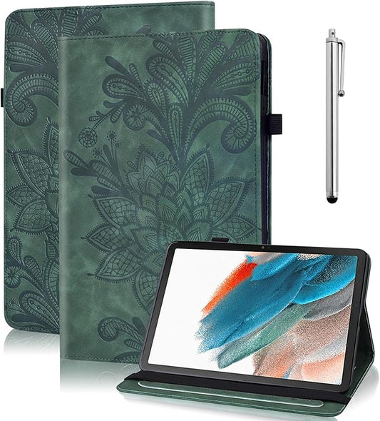 Case for Lenovo Tab M9 9 inch (TB-310FU), Embossed Lace PU Leather Flip Folio Protective Tablet Case with Elastic Band Card Slots Pen Holder, Multi-Angle Viewing Stand Cover - Green