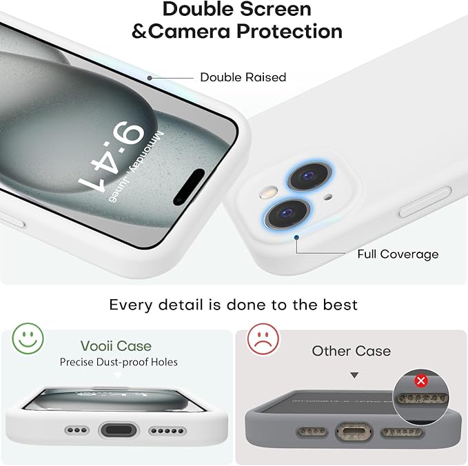 Vooii Compatible with iPhone 15 Case, Upgrade Defender Liquid Silicone, [Enhanced Camera Protection] [Soft Anti-Scratch Microfiber Lining] Shockproof Phone Case for iPhone 15 6.1 inch - White