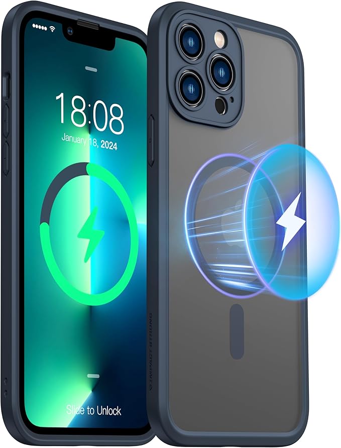 ImpactStrong Magnetic Guard Designed for iPhone 13 Pro Max Case [Camera Protection] [Military Grade Drop Tested] [Compatible with MagSafe] Slim Translucent Matte Phone Case (6.7") - Navy Blue