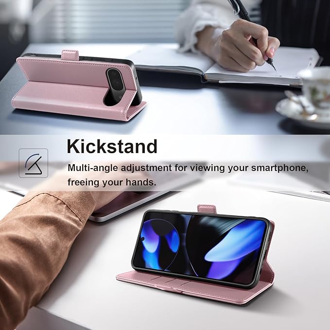 Wallet Flip Case for Google Pixel 9/9 Pro - [RFID Blocking] Luxury PU Leather Card Holder Magnetic Phone Cover with Kickstand,Shockproof Protective Case,Pink