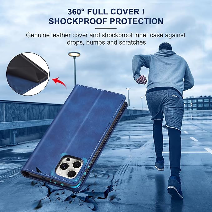 Jasonyu Flip Wallet Case for iPhone 15 Pro,Leather Magnetic Folio Cover with Card Holder,Kickstand - TPU Shockproof Durable Protective Phone Case,Blue