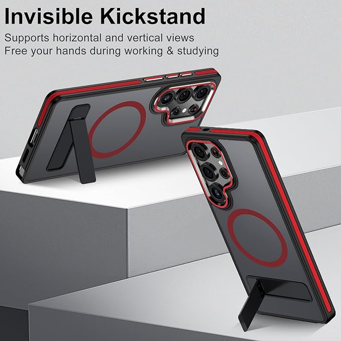 for Samsung Galaxy S25 Ultra Case, Shockproof S25 Ultra Phone Case with Kickstand, Anti-Skid Case Fits for Magsafe, Camera Frame with Raised Protection for Galaxy S25 Ultra Cover (Black/Red)