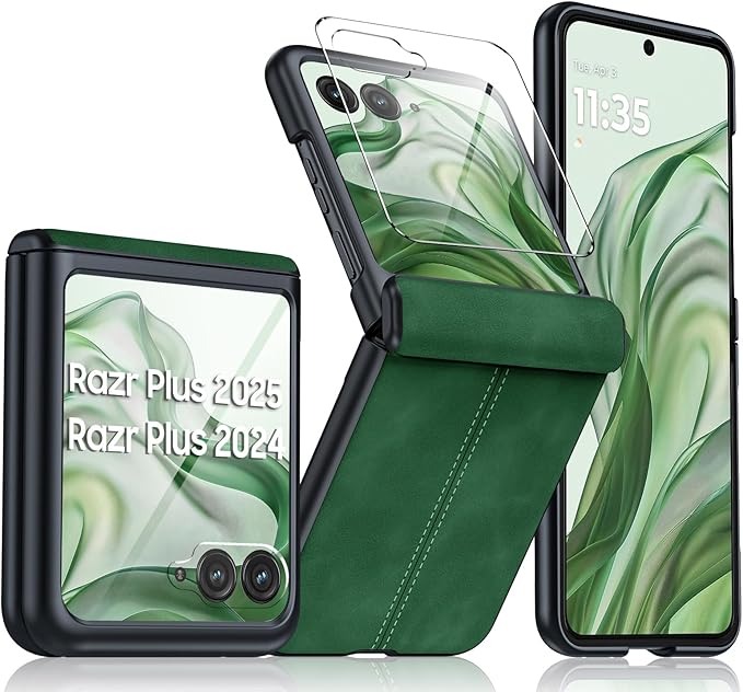 for Motorola razr+ Plus 2024 Case/Razr+ Plus 2025 Case Built-in Screen Protector& Hinge Protection & Ultra Thin PU Leather Matte PC Shockproof Phone Case for Moto Razr+ 2024/Razr+ 2025 (Green)