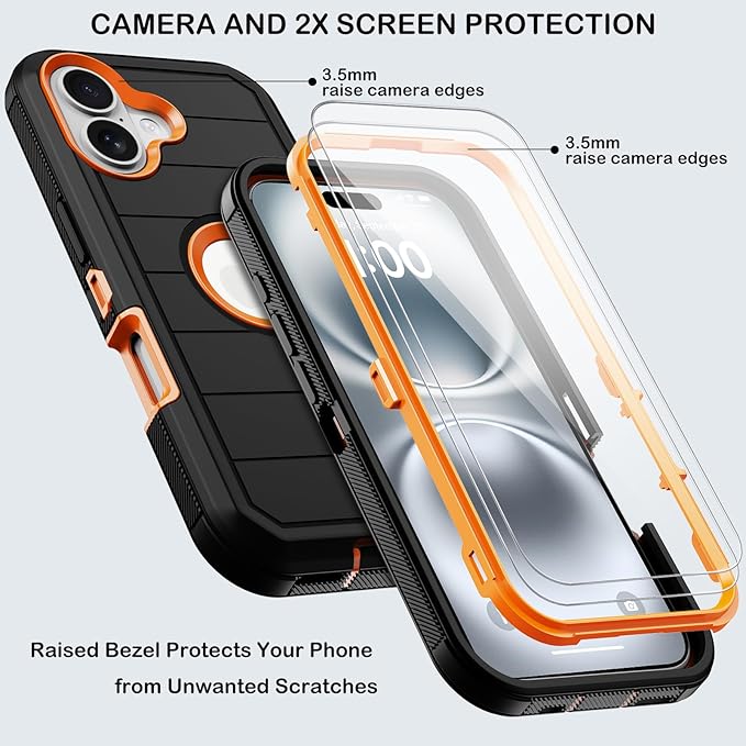 for iPhone 16 Case with 2 Screen Protectors,Heavy Duty Shockproof Drop Protection Military Grade Tri-Layer Rugged Cell Phone Cover with Belt Clip Holster & Kickstand for Apple 16 6.3“ Black Orange
