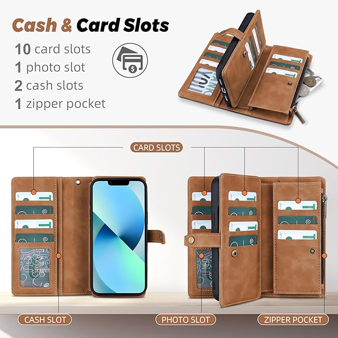 TwoHead Designed for iPhone 13 Wallet Case with Card Holder,Detachable Magnetic Phone Case with Wallet PU Leather Wallet Phone Case for iPhone 13 Case Wallet for Women/Men with Wrist Strap(Brown)