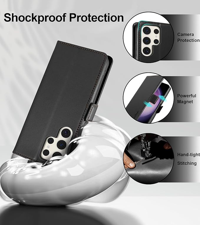 Wallet Flip Case for Samsung Galaxy S23 Ultra 5G - [RFID Blocking] Luxury PU Leather Card Holder Magnetic Phone Cover with Kickstand,Shockproof Protective Case,Black