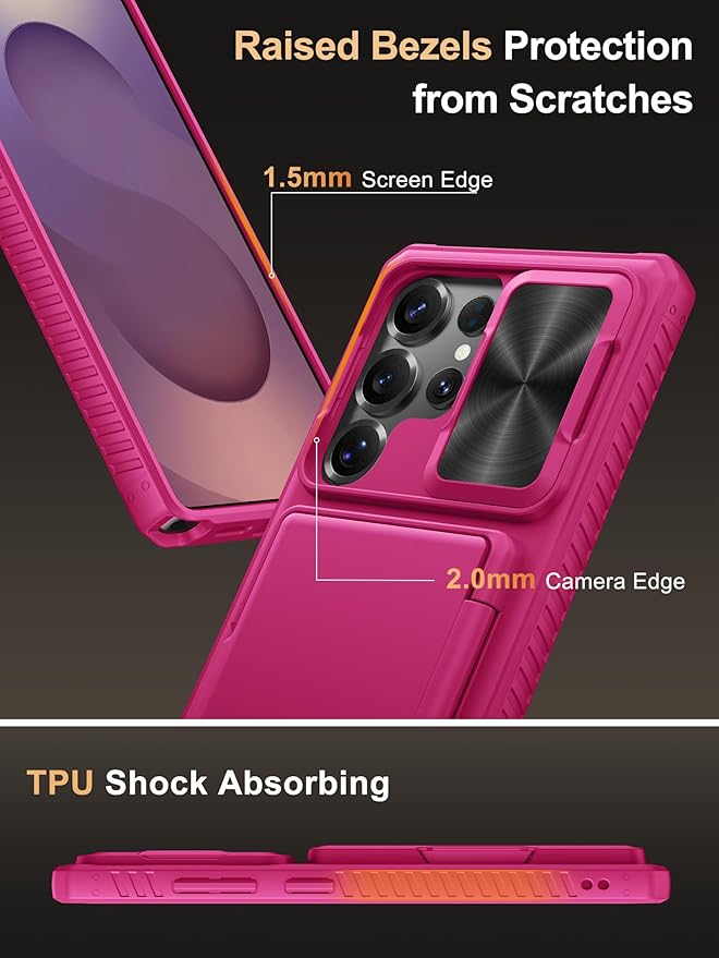 Vihibii for Samsung Galaxy S25 Ultra Wallet Case with Card Holder (4 Cards), [RFID Blocking] & Slide Camera Cover & Raise Screen Edges, Hard Back Phone Cover for Samsung Galaxy S25 Ultra, Hot Pink