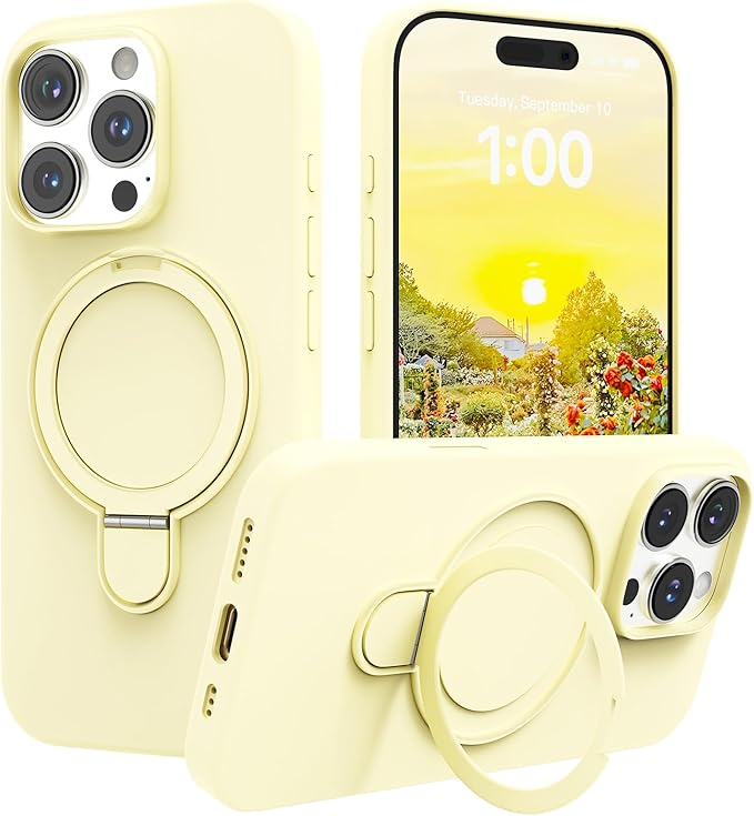 Magnetic Stand for iPhone16 Pro Case with Kickstand 【Lab-Certified Protection】【Not Yellowing】【Anti-Fingerprint】 Durable, Enhanced Grip, Slim，Yellow，iPhone 16 Pro 6.3"