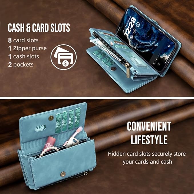 for iPhone Air Wallet Phone Case with 8 Card Holder,RFID Blocking | PU Leather | Kickstand | Flip | Wrist Strap&Shoulder Strap | Shockproof | Zipper Wallet | Women Men | 6.5" |Baby Blue