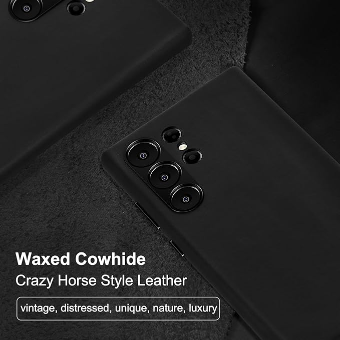 Belemay Leather Case for Samsung Galaxy S24 Ultra Compatible with Magsafe - Premium Crazy Horse Leather [Vintage Aesthetics] Unique Patina, Comfort Grip, Metal Buttons, Soft Cover (6.8") Antique Black