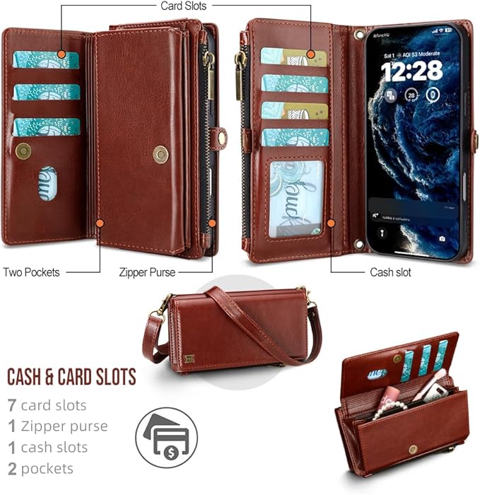 for iPhone 17 Pro Wallet Phone Case with 7 Card Holder,RFID Blocking | PU Leather | Kickstand | Flip | Wrist Strap&Shoulder Strap | Shockproof | Zipper Wallet | Women Men | 6.3" | Brown