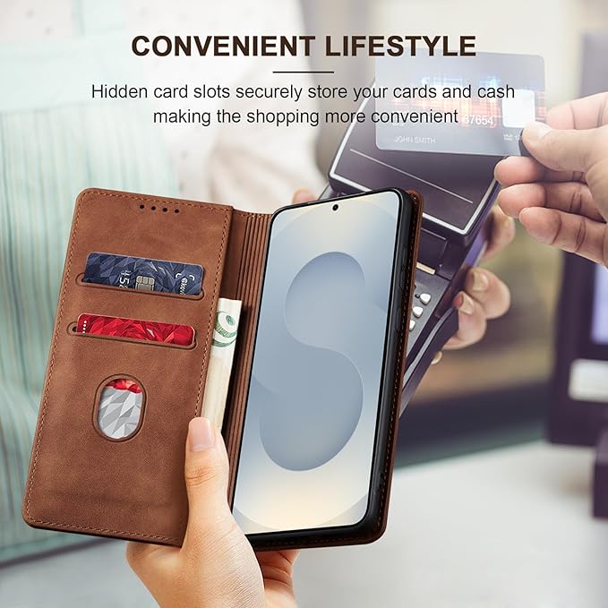 Jasonyu Flip Wallet Case for Samsung Galaxy S25 Plus/S25+,Leather Magnetic Folio Cover with Card Holder,Kickstand - TPU Shockproof Durable Protective Phone Case,Brown