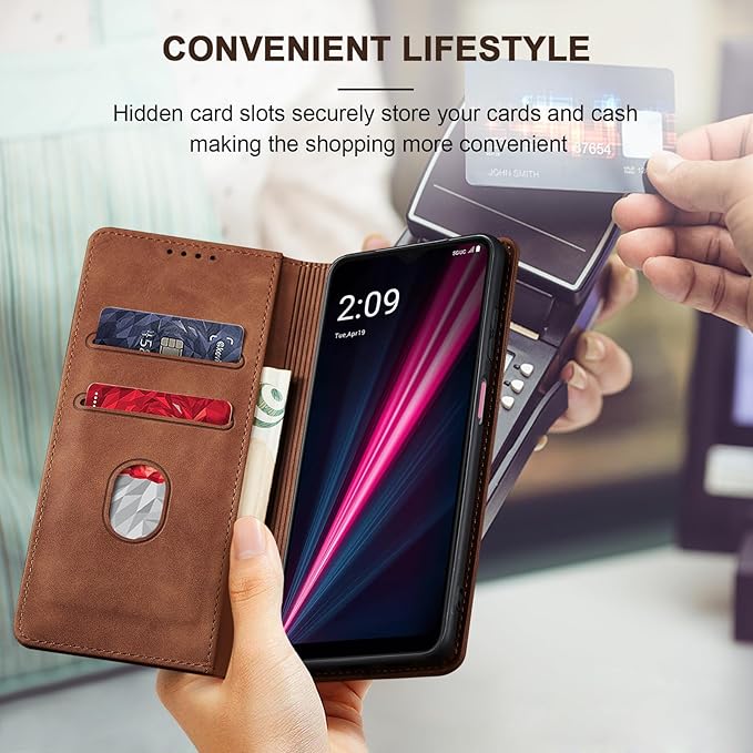 Jasonyu Flip Wallet Case for T-Mobile Revvl 6 Pro/6X Pro 5G,Leather Magnetic Folio Cover with Card Holder,Kickstand - TPU Shockproof Durable Protective Phone Case,Brown