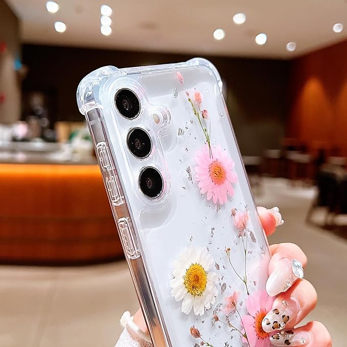 Compatible with Samsung Galaxy S24 Plus Case Cute Pressed Dried Real Flowers Design Women Girly Shockproof Glitter Floral Clear Phone Cover S24+ (Pink Flower)