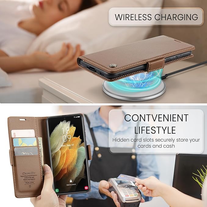 AUPAI for Samsung Galaxy S21 Ultra Wallet Case with Credit Card Holder, PU Leather RFID Blocking Folio Flip Kickstand Magnetic Clasp Protective Phone Cover for Women Men Brown