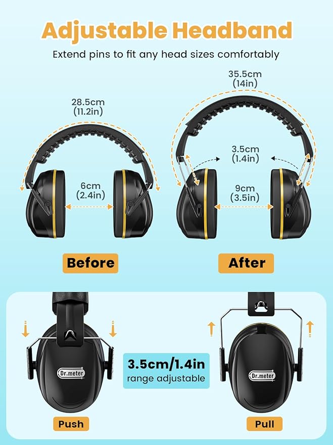 Dr.meter Hearing Protection Ear Muffs, 31dB Noise Reduction Safety Earmuffs with Adjustable Headband for Adults Kids Autism Sensory, Ear Muff for Yard Work, Mowing or Hunting Black 2PACK
