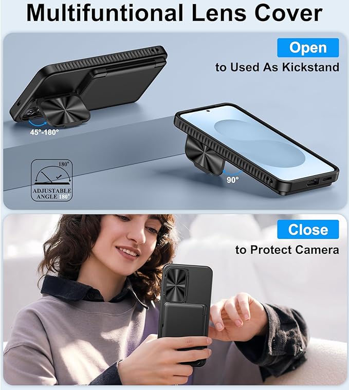 for Samsung Galaxy S25 Wallet Case with Camera Cover Stand, Built-in Card Holder (4-5 Cards), Military Grade Drop Proof, Heavy Duty Hard Women Men Phone Cases for Samsung S25 6.2", Black