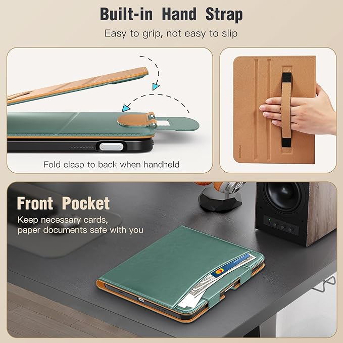 MoKo for iPad (A16) 11th Generation Case 11 inch 2025, iPad 10th Generation Case 10.9" 2022 with Pencil Holder & Pocket, Premium Leather Folio Stand Cover, Multiple Viewing Angles, Green