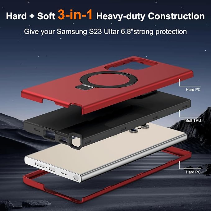 Designed for Samsung Galaxy S23 Ultra Case with Magnetic Ring Stand [Compatible with Mag-Safe][Build in Kickstand][Military Grade Drop Protection] Shockproof S23 Ultra Phone Case 6.8",Red