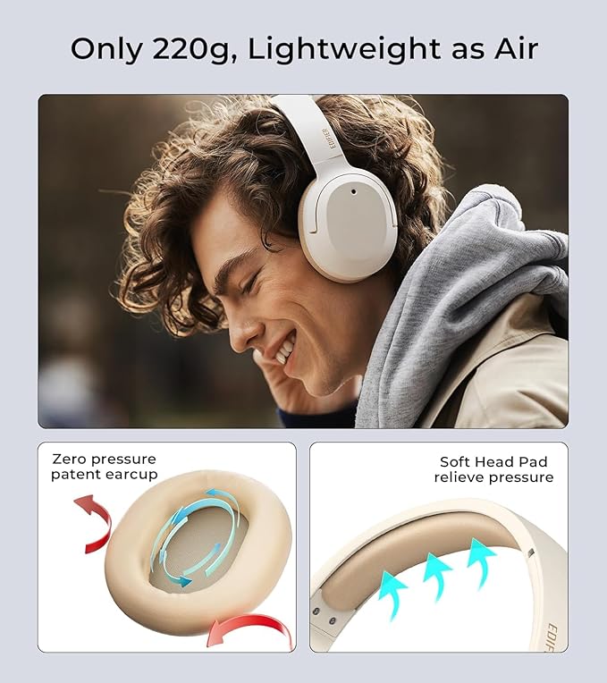 Edifier W820NB Plus Hybrid Active Noise Cancelling Headphones - LDAC Codec - Hi-Res Audio Wireless & Wired - Fast Charge - Over Ear Bluetooth V5.2 Headphones for Travel/Home/Office- Ivory