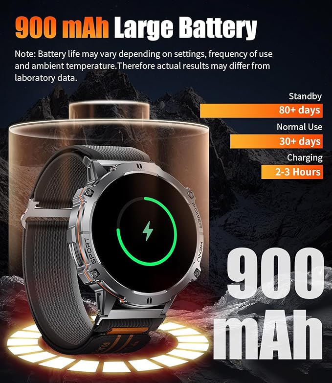 LIGE Military Smart Watch with 900mAh Battery(60+Standby),1.73" AMOLED with Compass Altitude and Barometric Pressure,110+ Sports Mode Tactical Fitness Tracker/Bluetooth Call Android iOS Smartwatch