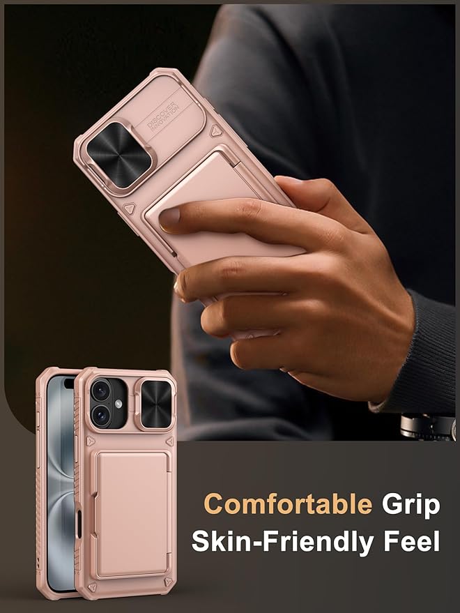 Vihibii for iPhone 16 Plus Case Wallet with Card Holder (4 Cards) [RFID Blocking] & Slide Camera Cover, Military Grade Drop Protection, Rugged Back & Silicone Edge Phone Cover, 6.7" 2024, Rose Gold