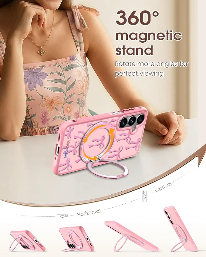 for Samsung Galaxy A16 4G/5G Case with 360° Rotatable Magnetic Ring - Semi-Transparent Anti-Fingerprint Soft-Touch Material Shockproof, Cute Pink Ribbon Bow Design for Women Girl