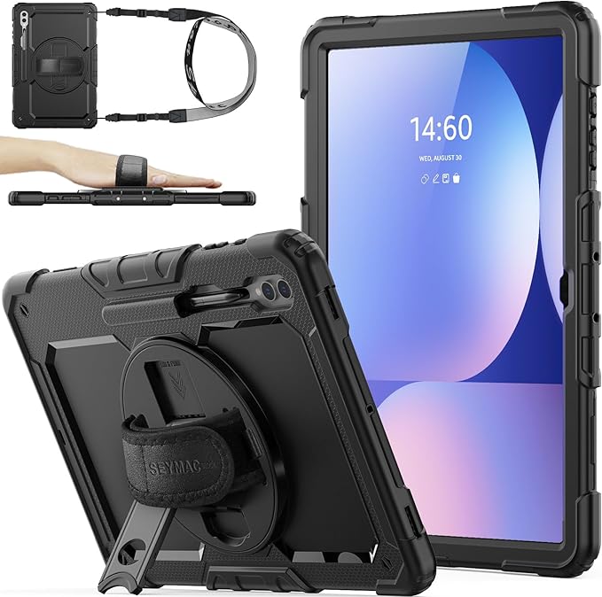 SEYMAC stock Case for Samsung Galaxy Tab S10 Ultra / S9 Ultra Tablet Case 14.6'' Protective with Screen Protector, Pen Holder, 360 Rotate Stand, Hand Strap, Shoulderr Strap, Black1