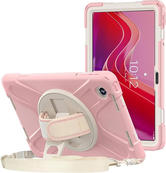 ProCase Protective Case for Lenovo Tab M11 / Lenovo Tab K11 LTE 2024, Rugged Heavy Duty Shockproof Rotating Kids Cover with 360° Rotate Kickstand & Shoulder Strap for Tab TB330FU TB330XU -Pink