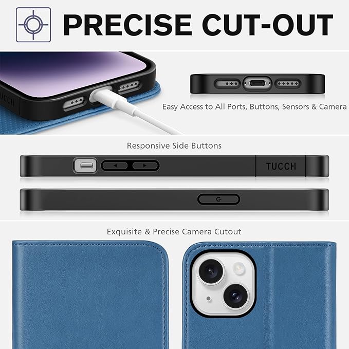 TUCCH Case for iPhone 14 Wallet Case 6.1", Premium PU Leather Folio Cover with [RFID Blocking] 3 Card Slot, Stand Book Design [Shockproof TPU Interior Case] Compatible with iPhone 14 2022, Light Blue