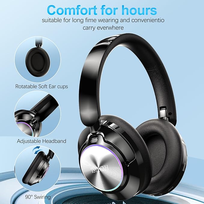 Noise Cancelling Over Ear Wireless Bluetooth Headphones with Microphone, 65h Playtime, Clear Calls, Comfort Fit for Travel (Black)