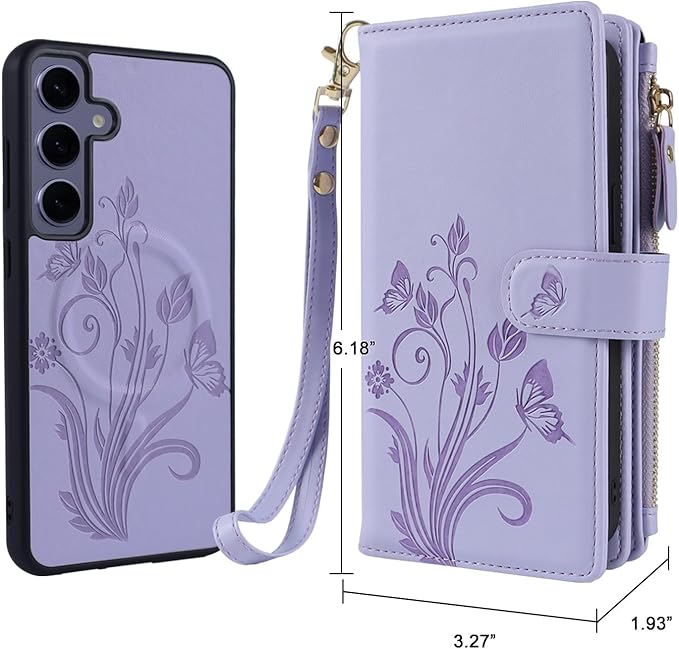 Lacass for Samsung Galaxy S24 Case Wallet,Compatible with MagSafe 2 in 1 Magnetic Detachable PU Leather RFID Blocking Wallet Cover Card Holder Zipper Wrist Strap Lanyard,Floral Light Purple