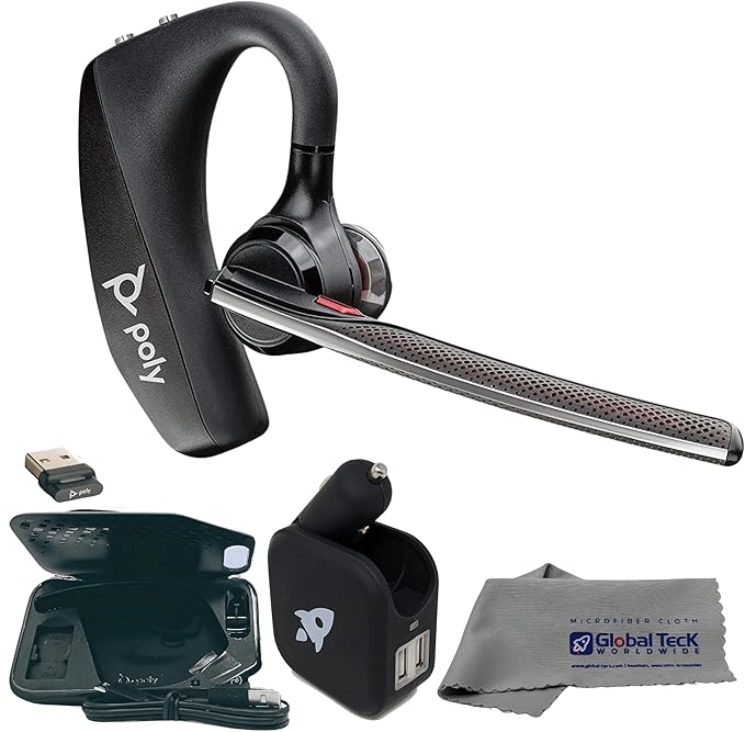 Plantronics Voyager 5200 Bluetooth Headset Bundle - Noise Canceling Wind Blocking Mic for Calls, Zoom Meetings, 6 Hours Rechargeable Battery, Travel Charging Case Included 203500-101, GTW Cloth