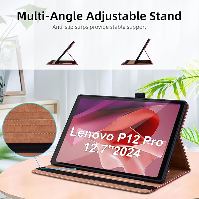 Case for Lenovo Xiaoxin Pad Pro 12.7" 2025 Retro Folio Shell for Xiaoxin Pad Pro 12.7 inch Multi-Angle Stand Cover PU Leather with Card Pocket,Red