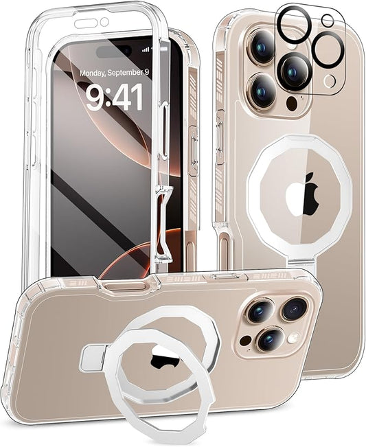 Compatible with iPhone 16 Pro Case, Built-in Screen Protector & Seamless Stand, with Camera Lens Protector, Strong Magnetic Clear Phone Case, Full Body Protective Cover for 6.3" (Clear)