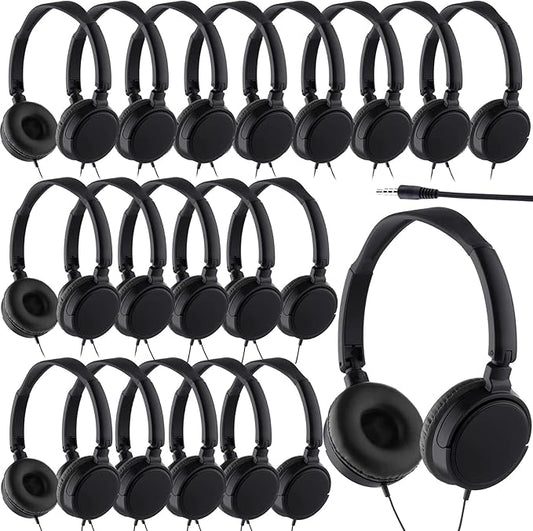 Yunsailing 18 Pack Classroom Headphones Bulk Student Wired Class Headphones Set for Kids School with Individually Wrapped Adjustable Over Ear Head Earbuds(Black)