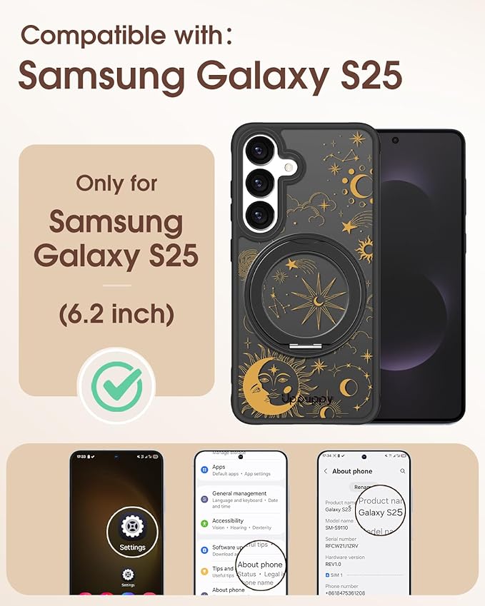 for Samsung Galaxy S25 Case with 360° Rotatable Magnetic Ring - Compatible with MagSafe, Semi-Transparent Soft-Touch Material Shockproof, Cute Sun Moon Star Design for Women Girl
