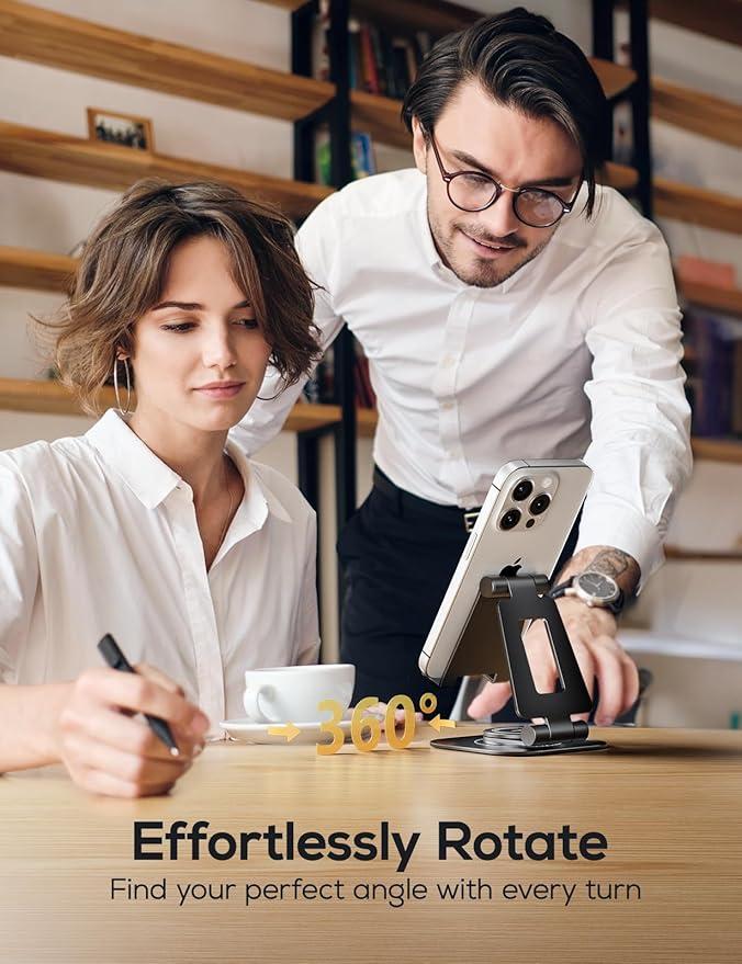 Nulaxy 2-Pack 360 Rotating Phone Stand, Fully Adjustable Foldable Phone Holder, Aluminum Desktop Cradle with Swivel Anti-Slip Base, Office Accessories for All Phones, Black & Rose Gold