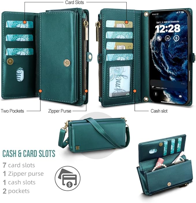 for iPhone 17 Wallet Phone Case with 7 Card Holder,RFID Blocking | PU Leather | Kickstand | Flip | Wrist Strap&Shoulder Strap | Shockproof | Zipper Wallet | Women Men | 6.3" | Green