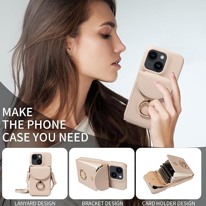 for iPhone 14 6.1 inch Organ Wallet Case with Tempered Glass Screen Ring Buckle Shoulder Strap PU Leather Flip Purse Card Holder Stand Phone Cover for iPhone14 5G i i-Phone i14 14Case White