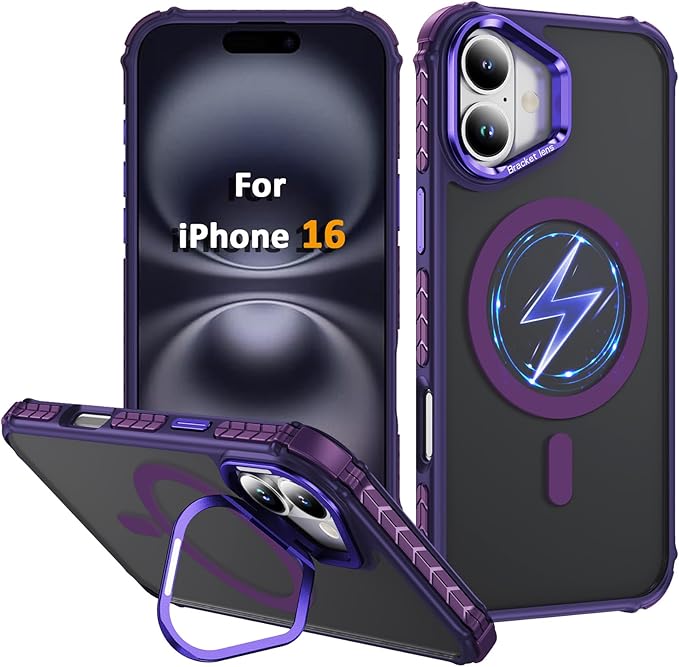 Magnetic for iPhone 16 Case Purple with MagSafe Wireless Charging Heavy Duty Military-Grade Shockproof Protection Adjustable Kickstand Slim Matte Anti-Fingerprint Cover Men Women