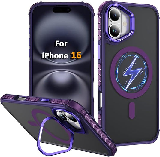 Magnetic for iPhone 16 Case Purple with MagSafe Wireless Charging Heavy Duty Military-Grade Shockproof Protection Adjustable Kickstand Slim Matte Anti-Fingerprint Cover Men Women
