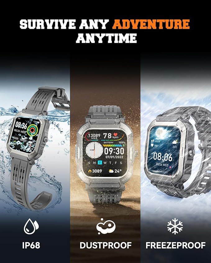 Military Smart Watches for Men (Answer/Make Calls),1.91'' Fitness Smart Watch for Android and iPhone,IP68 Waterproof Fitness Tracker with Step Counter/Sleep Monitor/110+ Sport Modes,Smartwatch for Men