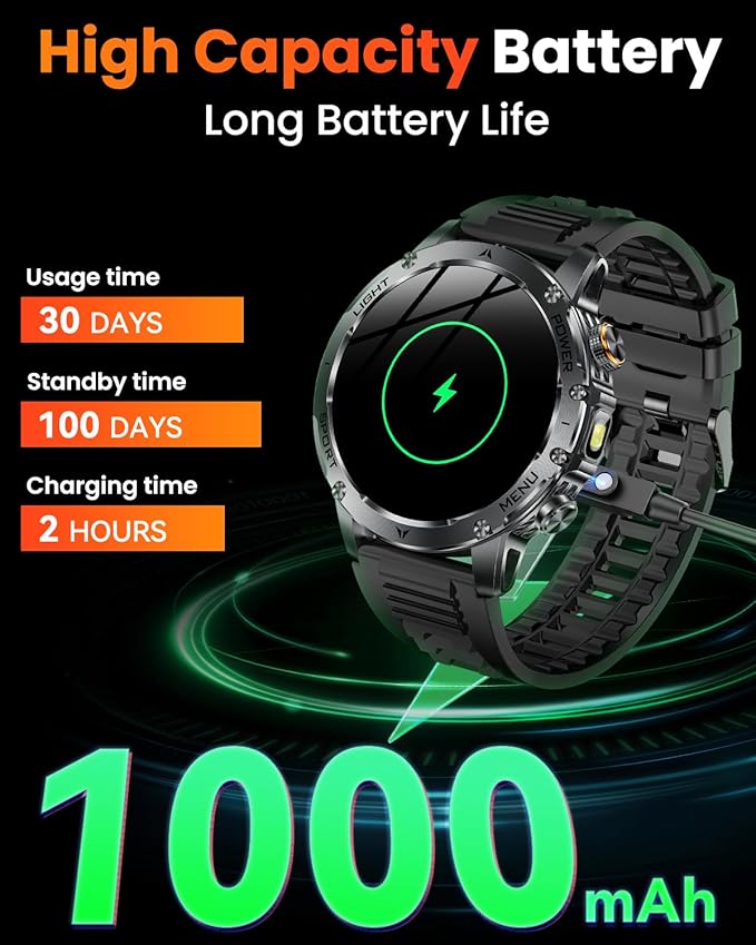 Military Smart Watches for Men, 1.7″ Smart Watch with 1000 mAh Battery, Led Flashlight, Answer/Make Calls, IP68 Waterproof, Heart Rate/Sleep Monitor 100+ Sport Modes Fitness Watch for Android/iPhone