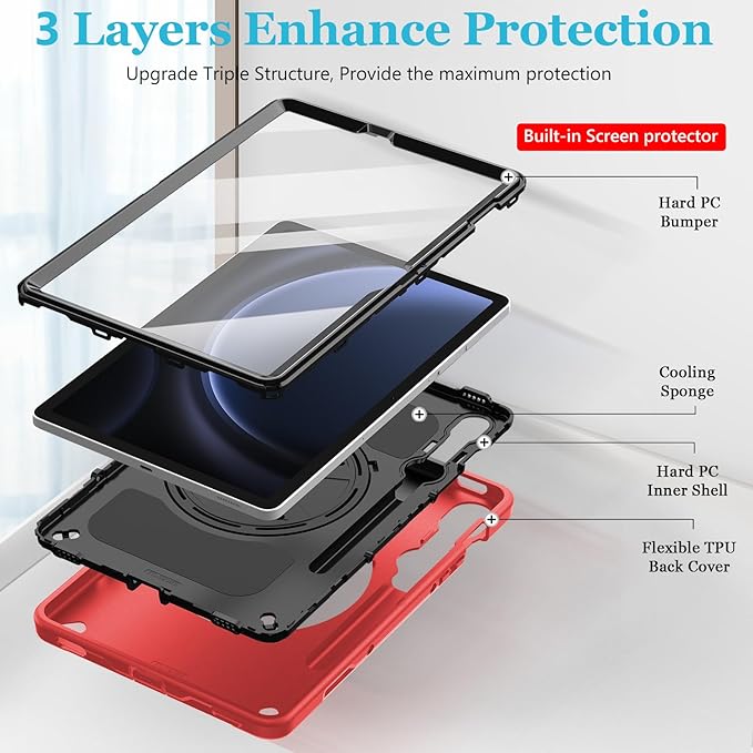 Case for Galaxy Tab S10 FE &S9 FE 10.9"/S9 11 Inch: TPU Cover for Samstng Tablet S10 FE/ 2025/ S9 FE & S9 2023 5G with Screen Protector- Stand- Handle-Shoulder Strap-S-Pen Holder-Red