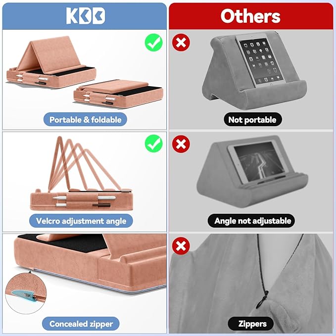 KDD Tablet Pillow Stand, Multi-Angle Viewing Ipad Holder for Lap, Bed and Desk, Foldable Soft Pad Dock with Stylus Mount Compatible with Ipad Pro 12.9, 10.5, 11, Air, Mini, Phones, Books, E-Reader