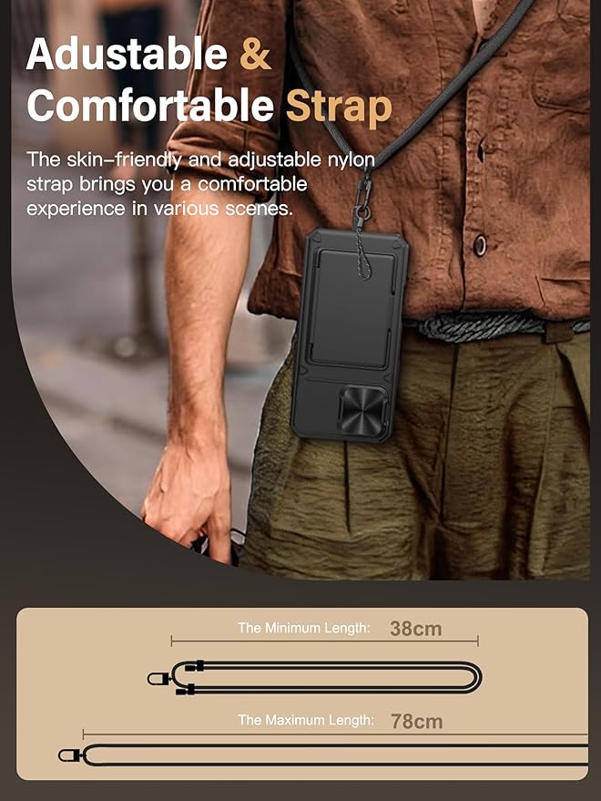 Vihibii for iPhone 16 Pro Max Case with Crossbody Lanyard Strap, Built-in Card Holder (4 Cards) [RFID Blocking] & Slide Camera Cover, Military Grade Drop Protection, Hard Back & Soft Edge Case, Black