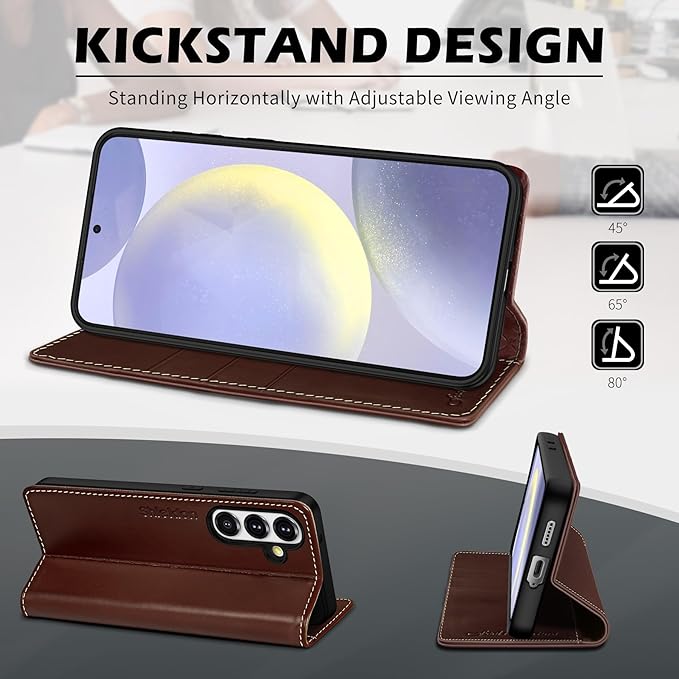 SHIELDON Case for Galaxy S25+ Plus 5G, Genuine Leather Folio Wallet Magnetic Kickstand RFID Blocking Card Slots Shockproof Full Protection Cover Compatible with Galaxy S25+ 6.7" 2025 - Retro Coffee