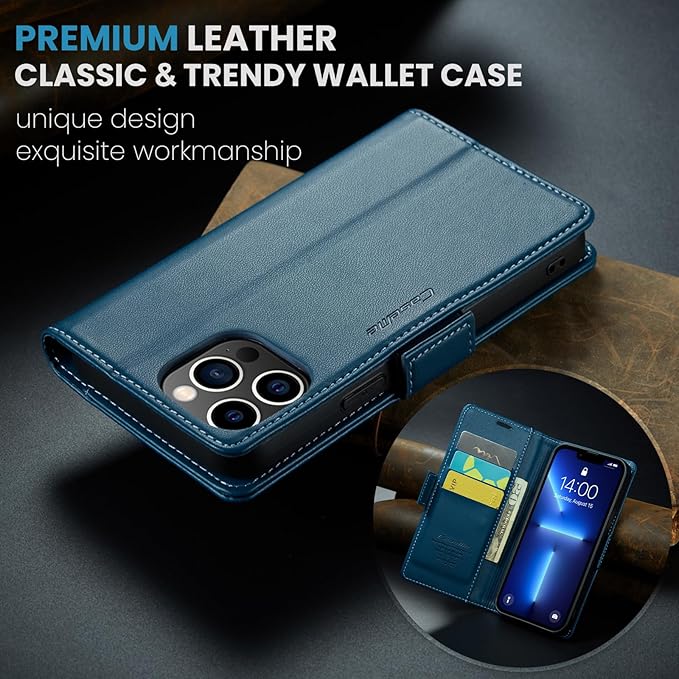 for iPhone 13 Pro Case, Premium PU Leather Wallet Case Flip Cover with [RFID Blocking][Card Holder][Stand Function] Shockproof Protective for iPhone 13 Pro 6.1 inch, Blue